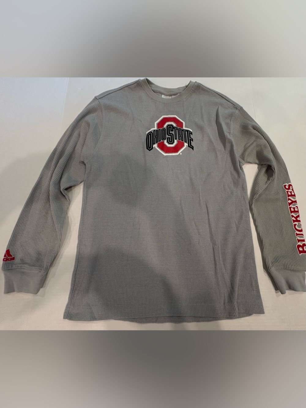 adidas Gray Long Sleeve Ohio State Waffle Tee with Red Logo